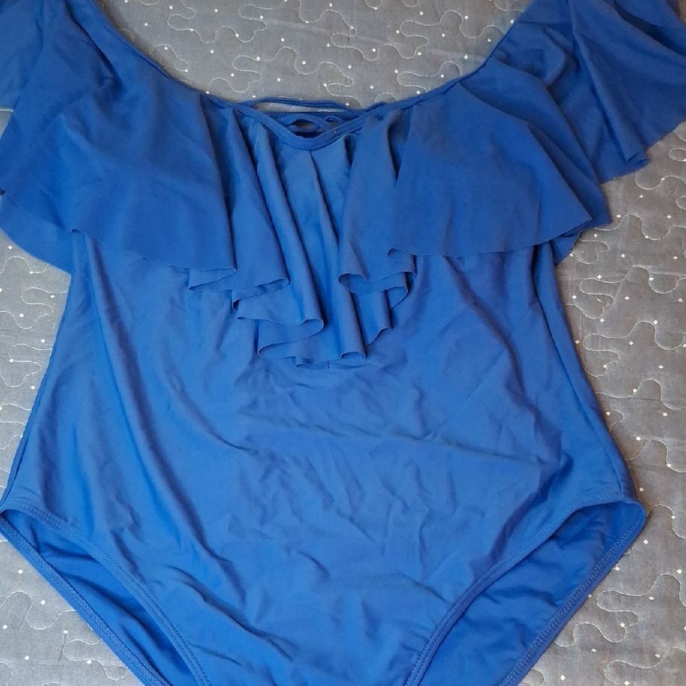 Blue Off-Shoulder Ruffle Swimsuit size large
